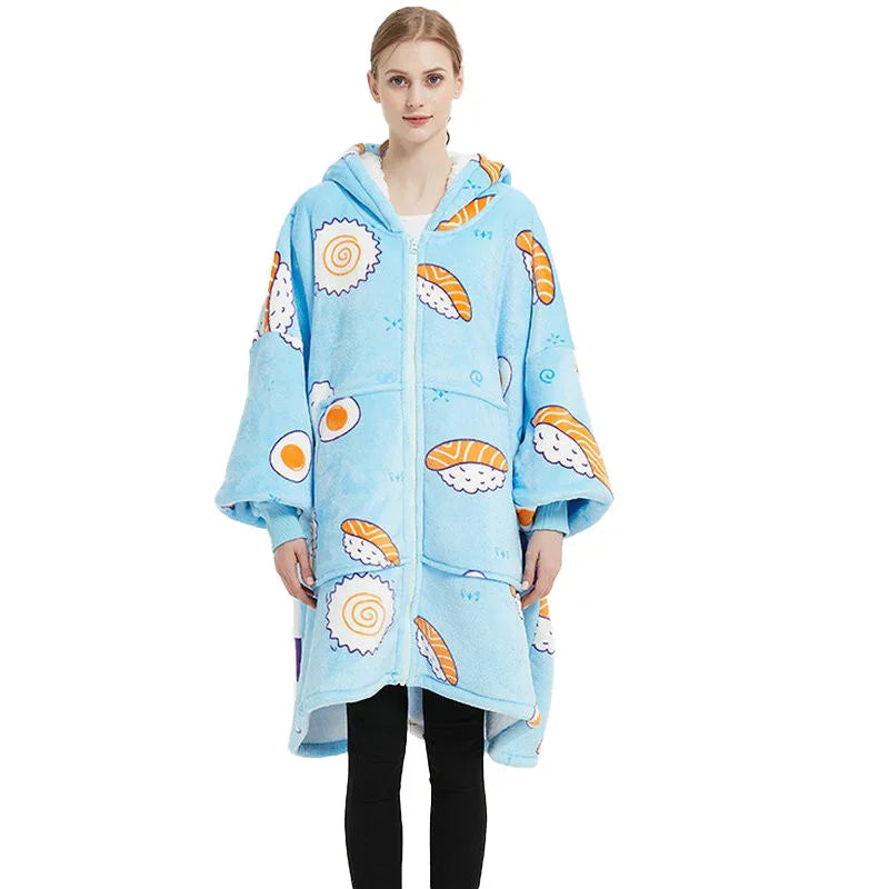 Unisex Ultra Thick Lamb Velvet Pajamas With Hooded Blanket And Zipper For Winter Sleepwear