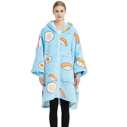 Unisex Ultra Thick Lamb Velvet Pajamas With Hooded Blanket And Zipper For Winter Sleepwear