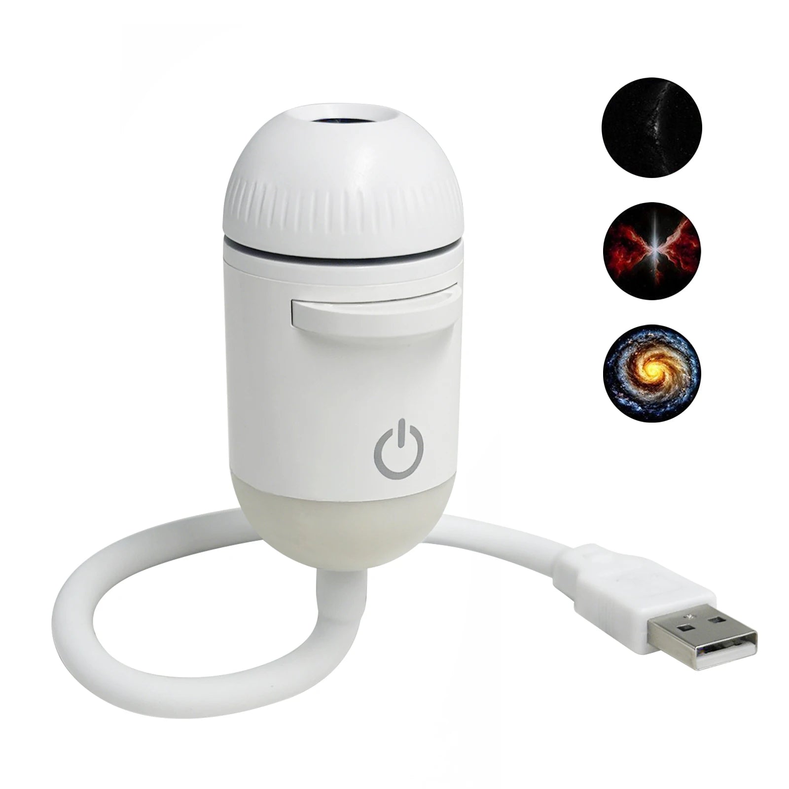 White portable LED star projector with USB cable for creating nebula ceiling projections in a bedroom.