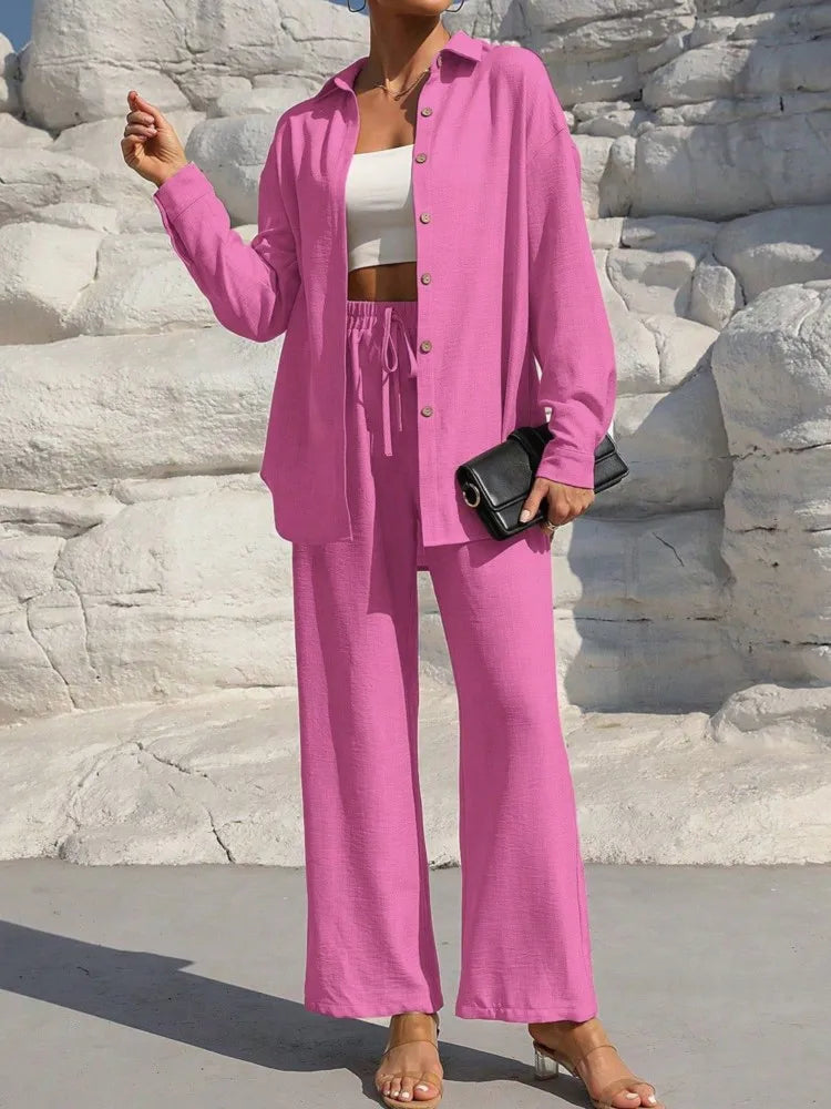 Fashion Solid Set For Women Casual Long Sleeve Turn-down Collar Shirt Tops+High Waist Wide Leg Pants 2 Pieces Sets Lady Clothes