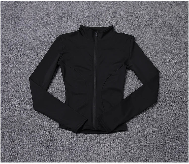 Black long sleeve fitted sport jacket in polyester with a full zip for gym training and yoga.