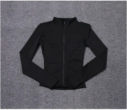 Black long sleeve fitted sport jacket in polyester with a full zip for gym training and yoga.