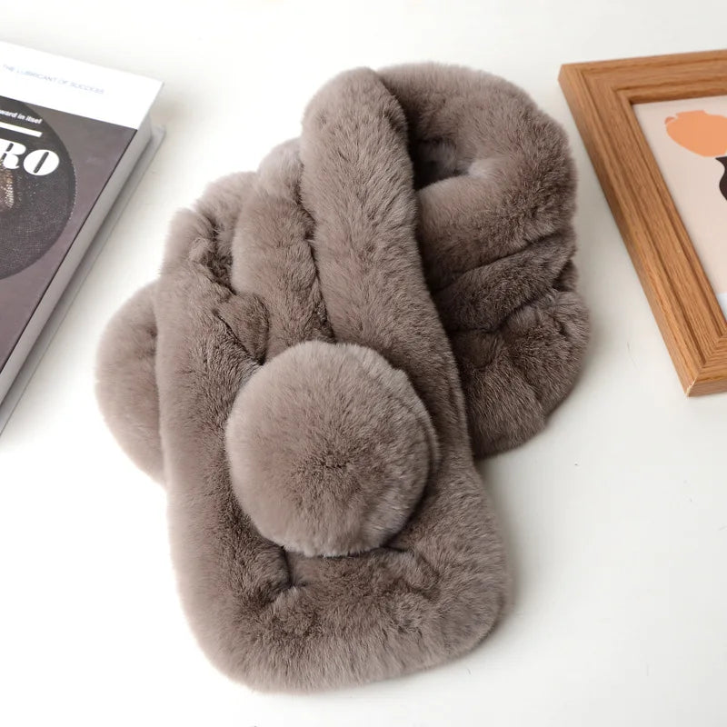 Thick taupe rabbit fur short scarf featuring a triple-tube design with a matching pom-pom accent.
