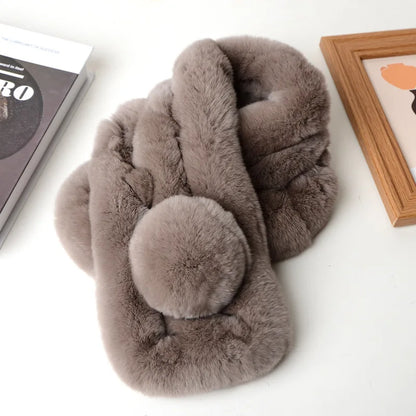 Thick taupe rabbit fur short scarf featuring a triple-tube design with a matching pom-pom accent.