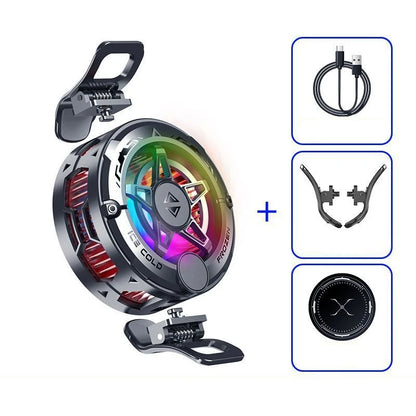 Black magnetic back clip phone cooler with RGB LED lights for gaming, featuring a digital display for temperature control.