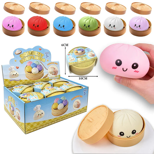 Colorful silicone dumpling squishies in bamboo-style containers, a tactile fidget toy for stress relief.