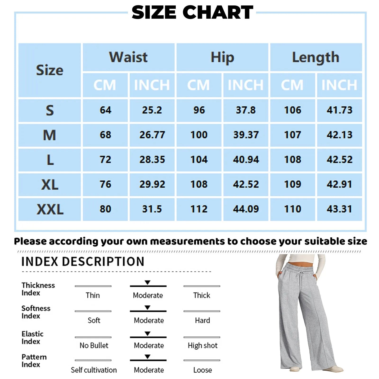 Grey fleece-lined high waist wide leg pants size chart for winter wear.