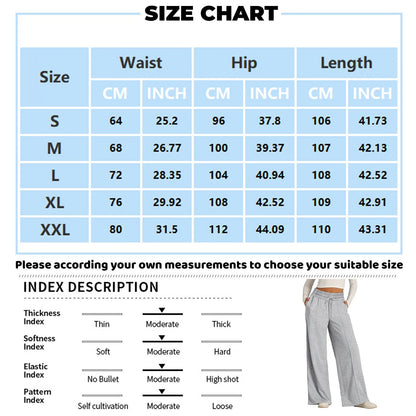 Grey fleece-lined high waist wide leg pants size chart for winter wear.