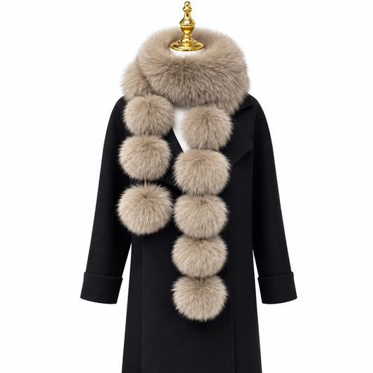 Taupe faux fox fur scarf with multiple dangling pom-poms, displayed on a black coat.