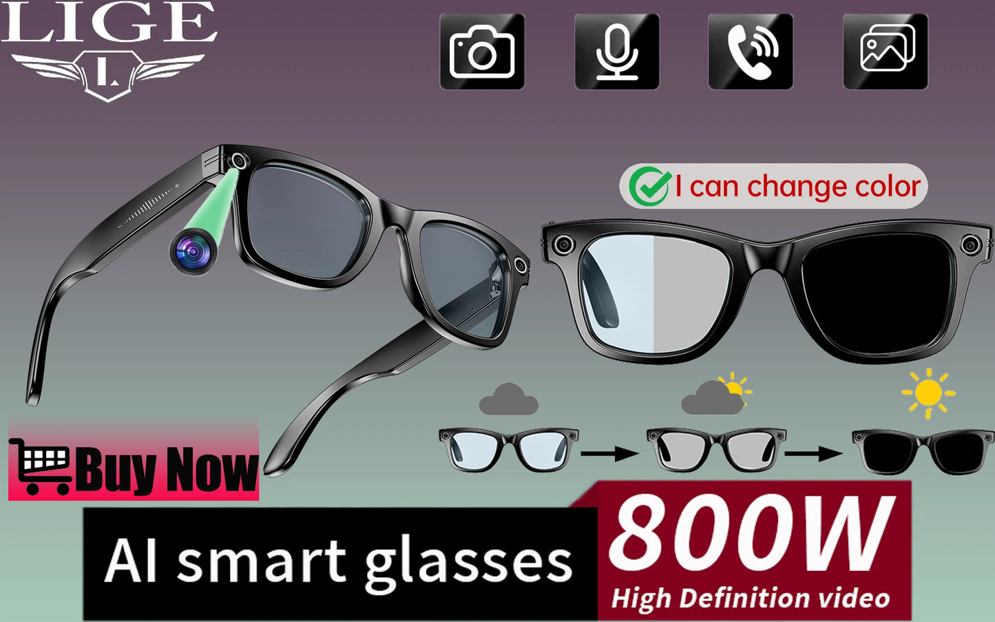 Smart Glasses  Recording Videos AI Photo Recognition Answer Translation 260mAh Large Battery IP65 Waterproof Bluetooth Glasses
