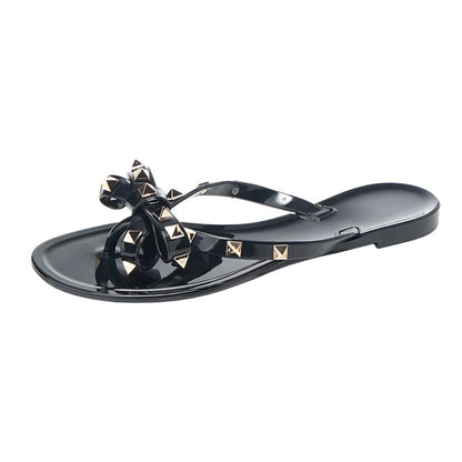 Studded Flat Bot Thong Slippers Holiday Beach Sandals Women's Jelly Slip-On oes Comfortable Casual PVC Footwear