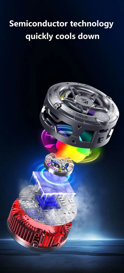 Grey magnetic phone cooler with LED lighting and digital display, a rechargeable tech gadget for mobile gaming.