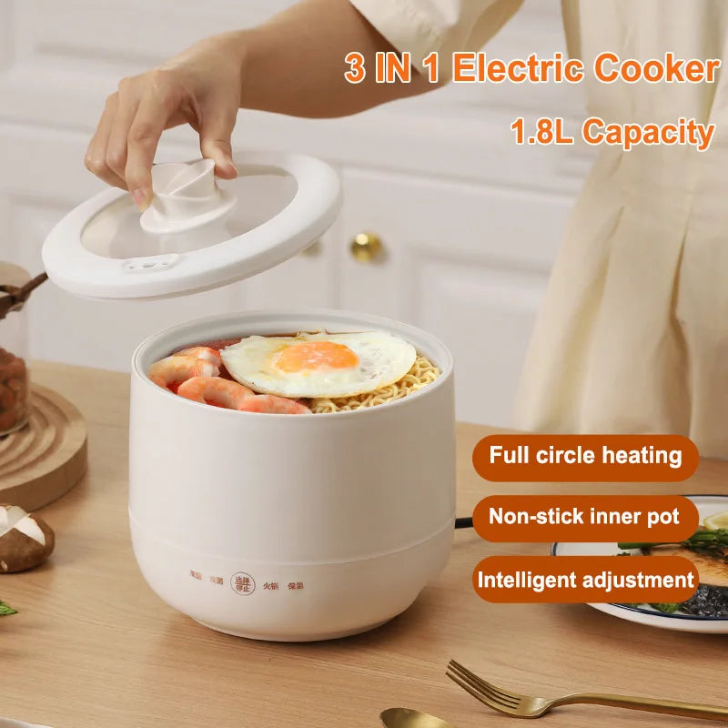 White 1.8L multi-function electric cooker with a lid held up, containing noodles, shrimp, and an egg.