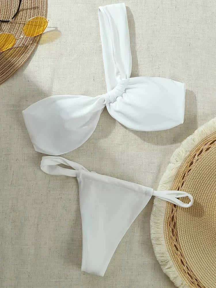 Women's One-Shoulder Bikini Set with High-Waist Bottom and Knotted Detail