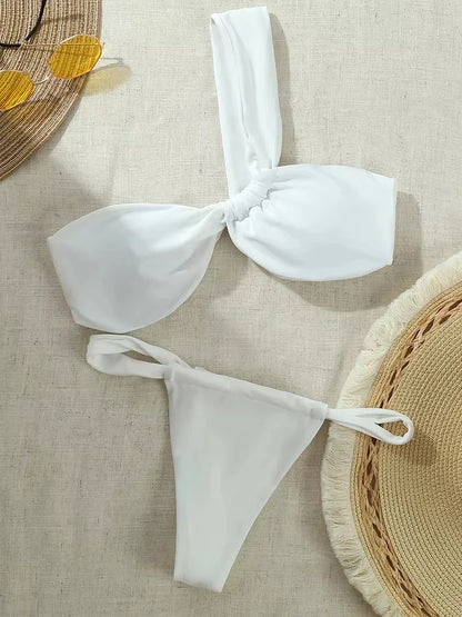 Women's One-Shoulder Bikini Set with High-Waist Bottom and Knotted Detail
