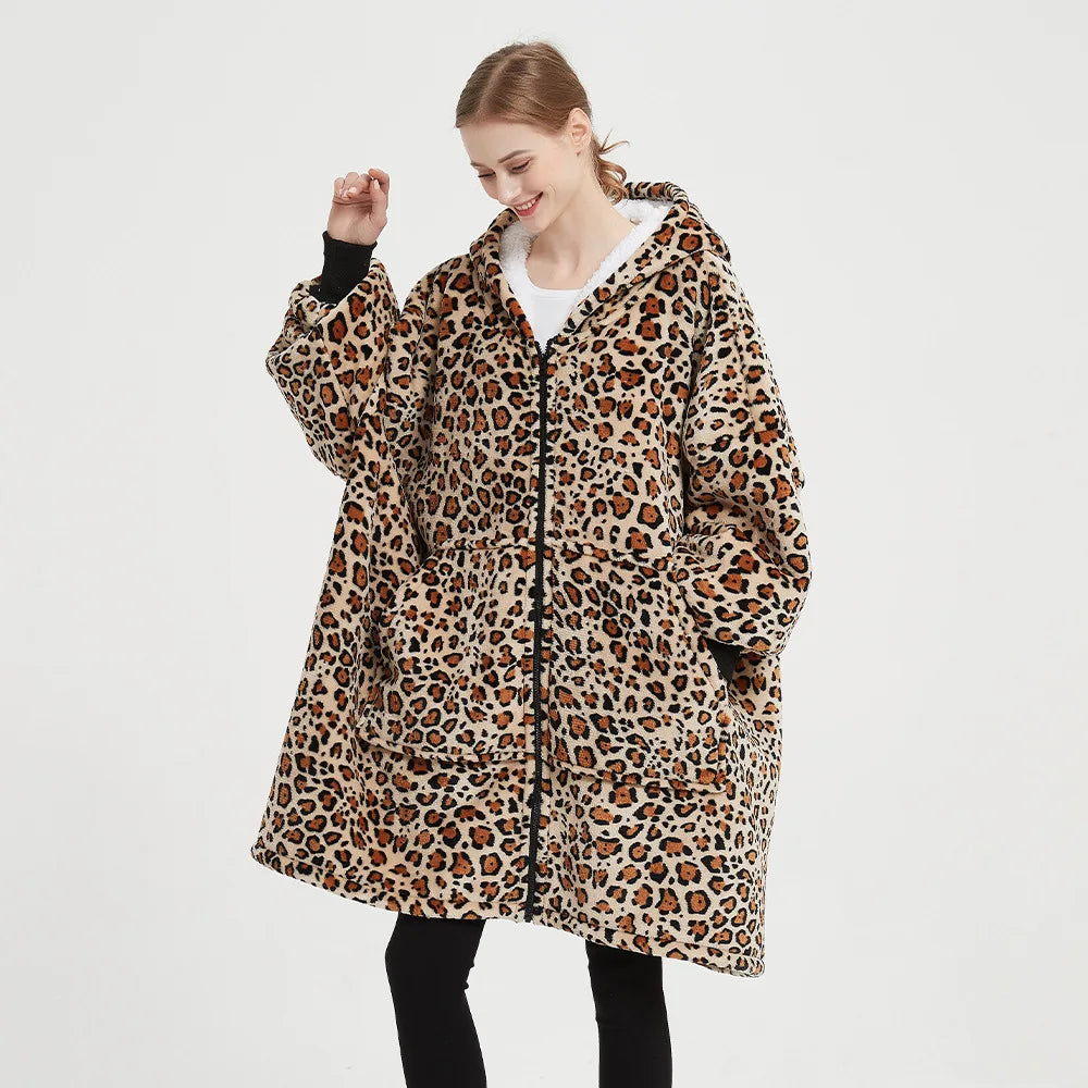 Unisex Ultra Thick Lamb Velvet Pajamas With Hooded Blanket And Zipper For Winter Sleepwear