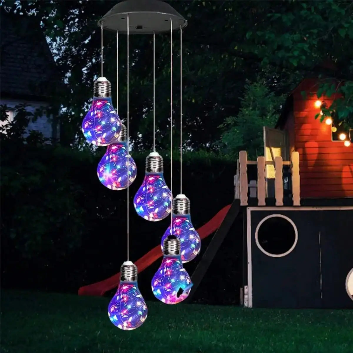 Solar wind chimes LED outdoor hanging light for garden patio with glowing bulb pendants
