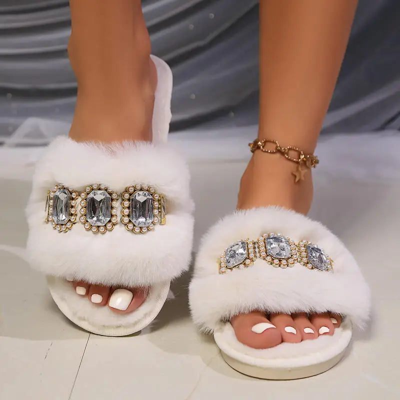 Crystal Slides with Plush Lining and Non Slip Sole for Women