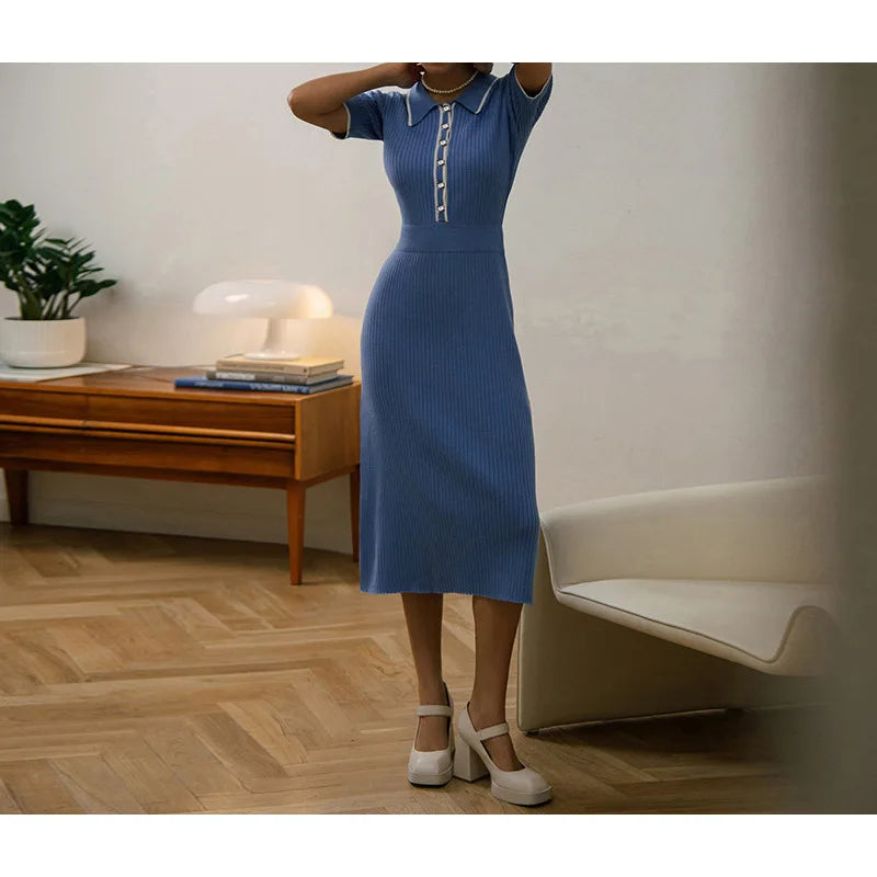 Blue ribbed knit midi dress with polo collar and button front, a fitted piece for a casual day outfit.