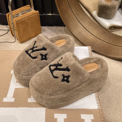 Warm Slippers for Women Indoor Non Slip Plush Traction Rubber Sole With Wedge Heel