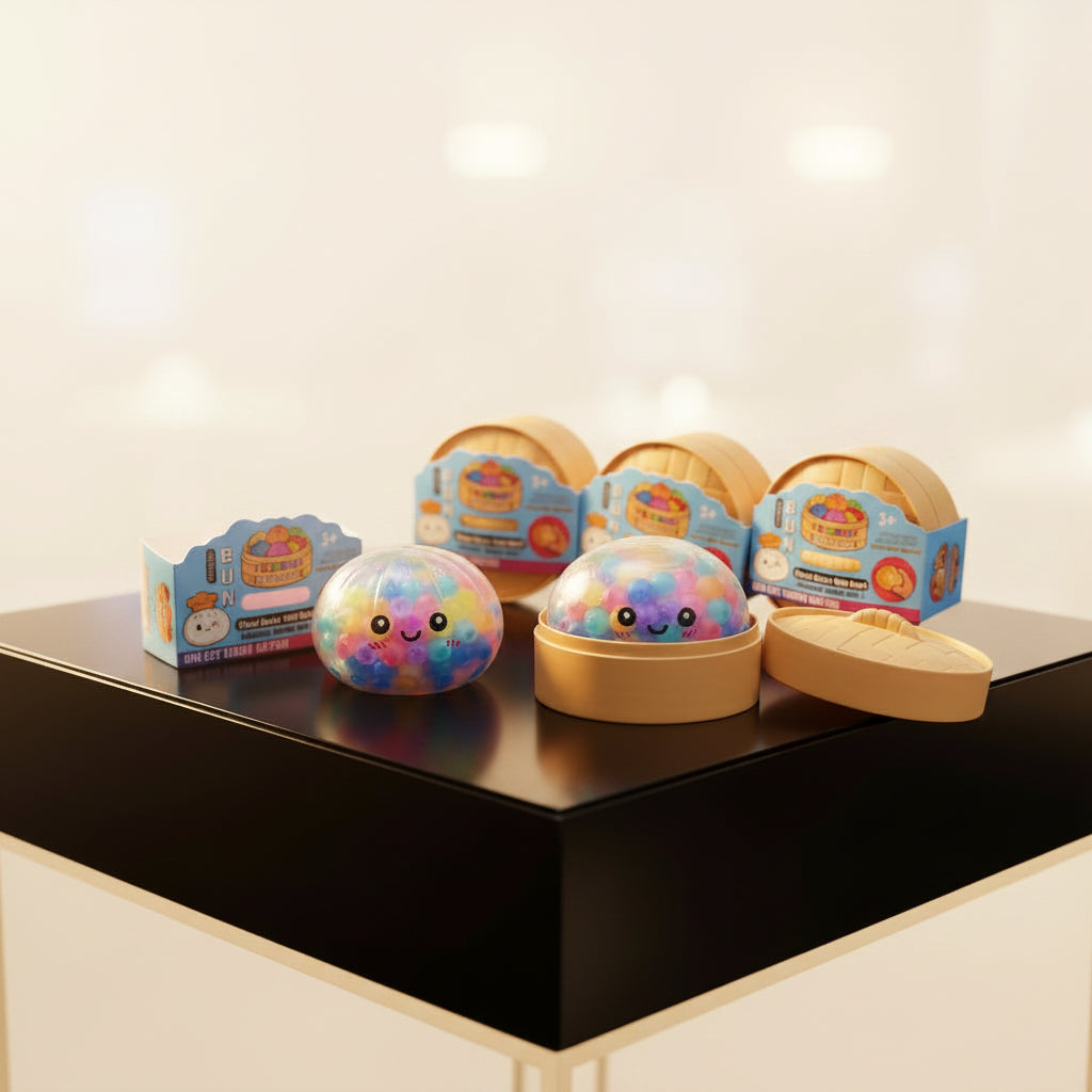 Clear, bead-filled soft foam dumpling fidget toy with a smiling face in a miniature tan bamboo steamer.