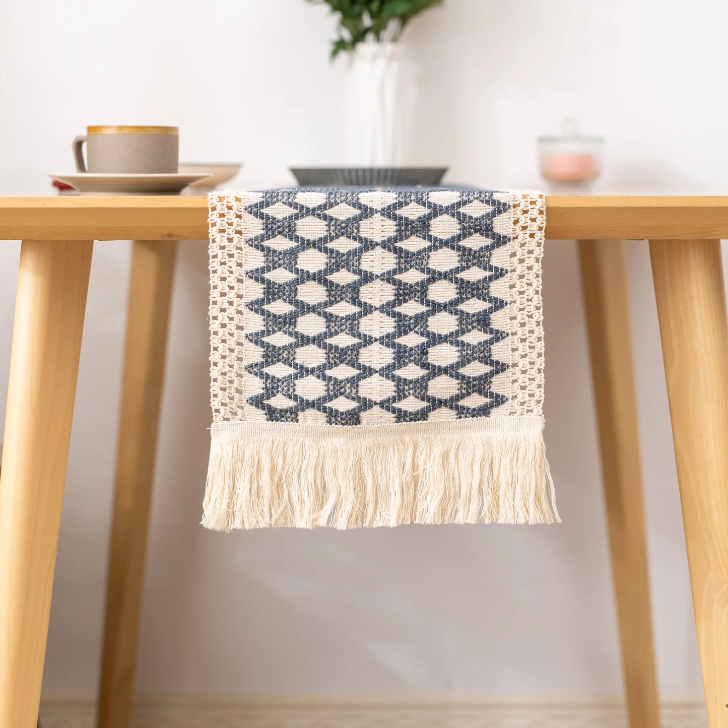 Rustic Burlap Table Runner with Crochet Lace Edge for Farmhouse Dining
