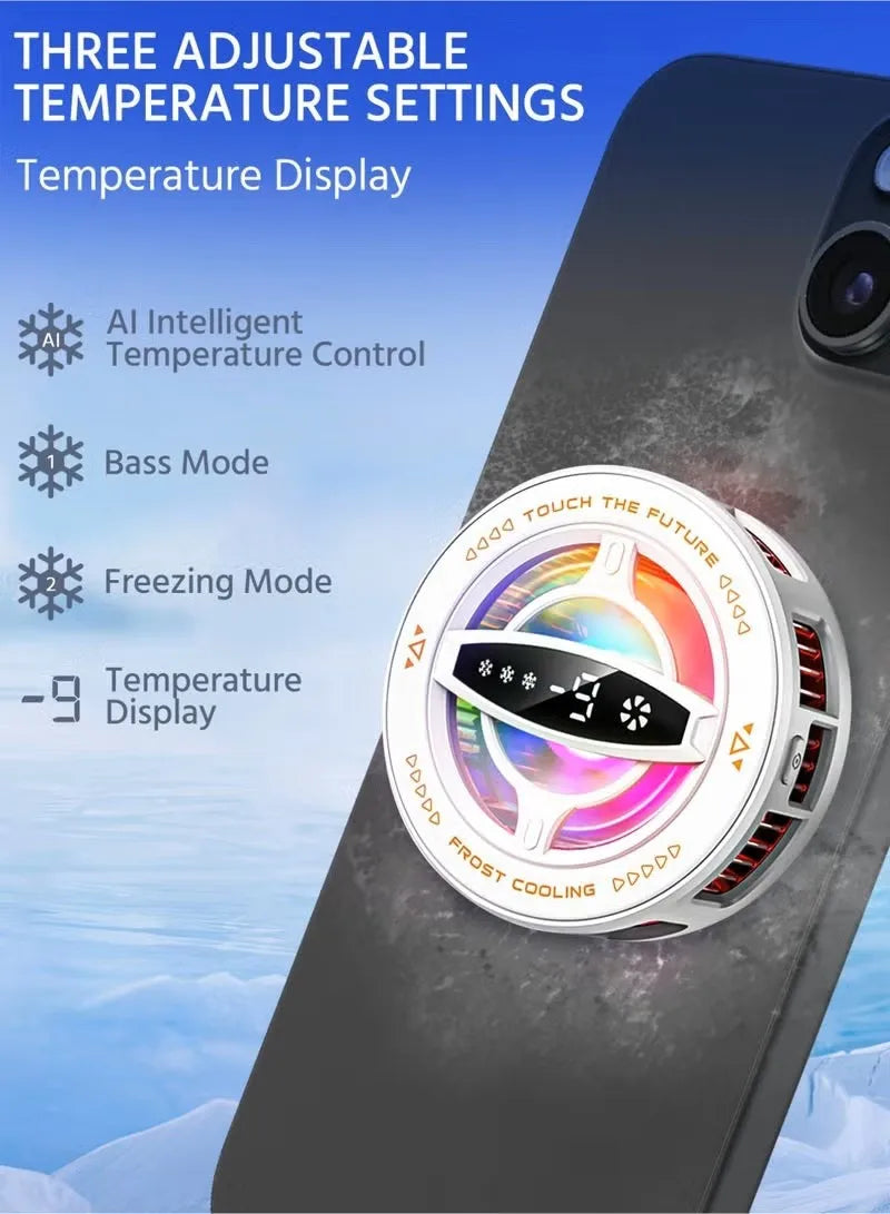 White magnetic phone cooling fan with RGB light and digital display for mobile gaming and streaming.