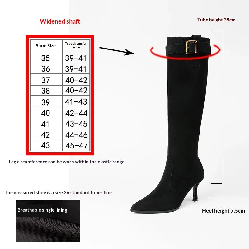 Black suede knee-high boot with pointed toe, thin high heel, and a buckled strap at the top, shown with a sizing chart.