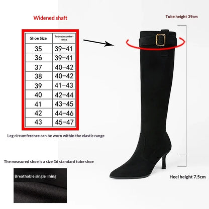 Black suede knee-high boot with pointed toe, thin high heel, and a buckled strap at the top, shown with a sizing chart.