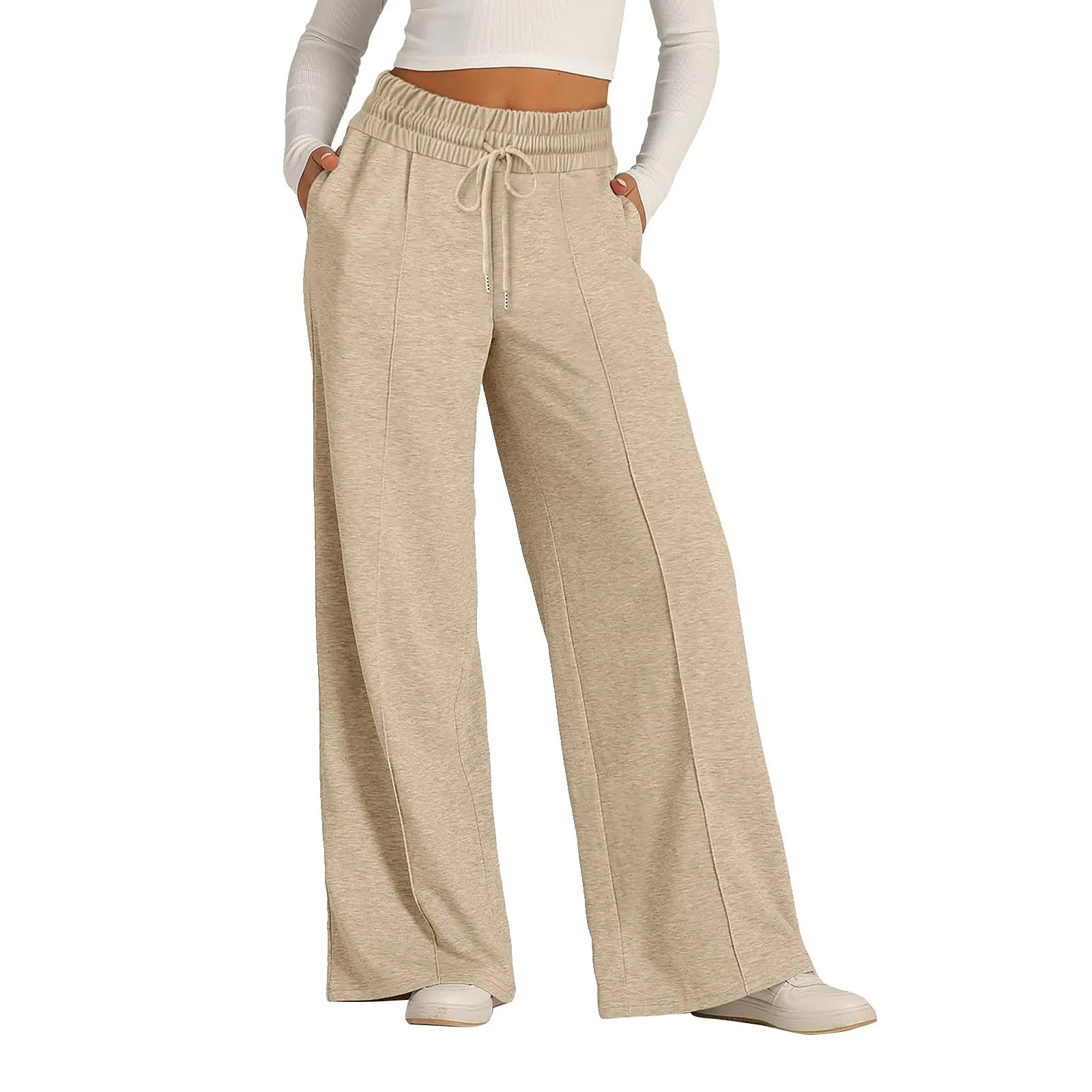 Beige high waist fleece-lined pants with a drawstring and wide leg fit for comfortable all day wear.