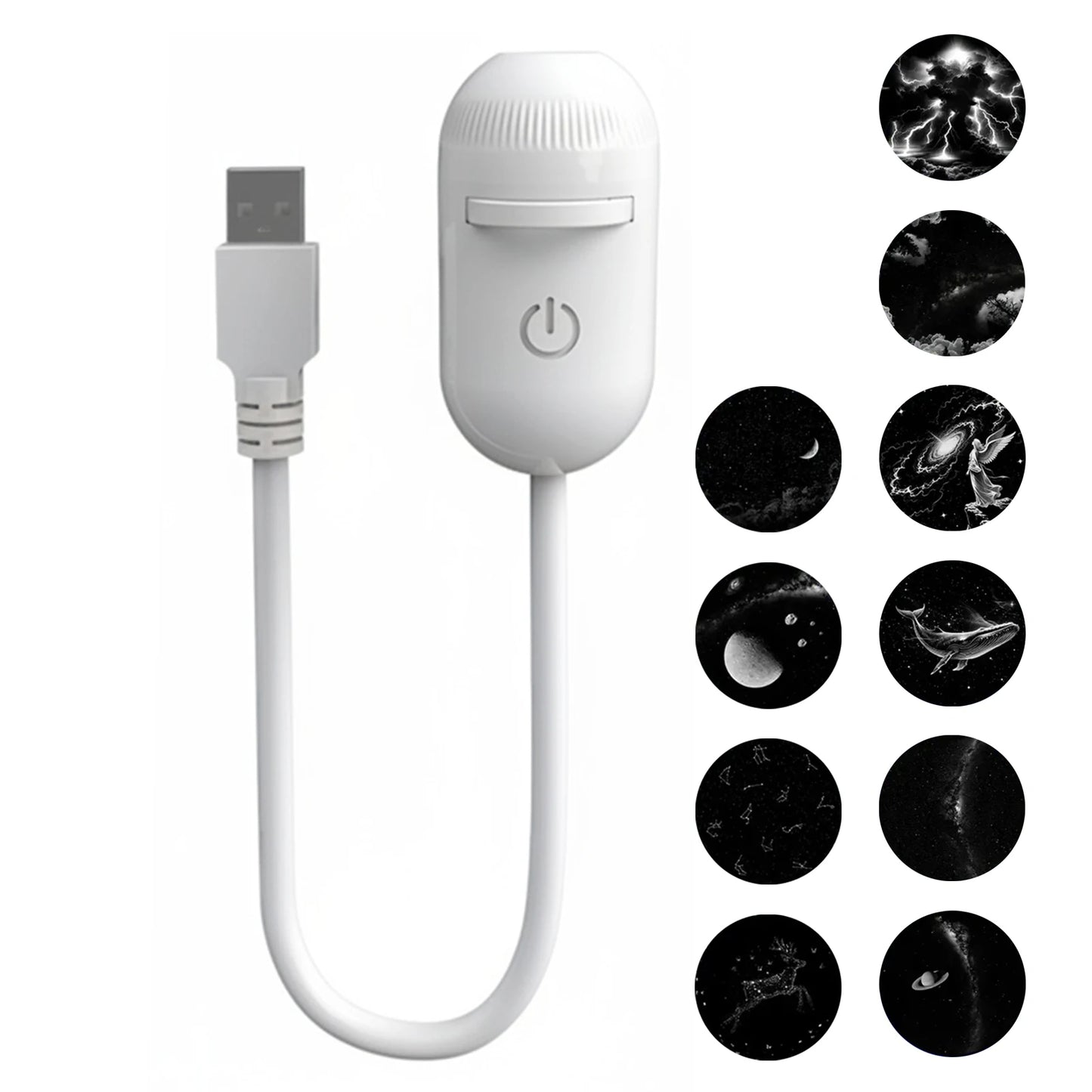 White plastic USB LED home decor projector with adjustable focus gooseneck for room lighting.
