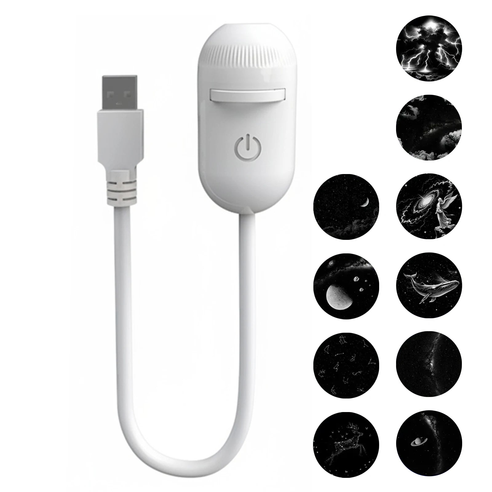 White plastic USB LED home decor projector with adjustable focus gooseneck for room lighting.