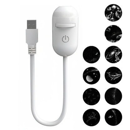 White plastic USB LED home decor projector with adjustable focus gooseneck for room lighting.