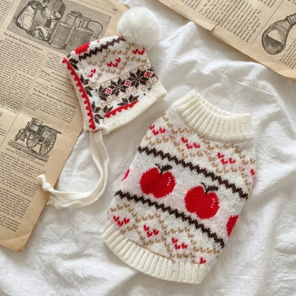 Retro-print dog sweater with optional matching hat set