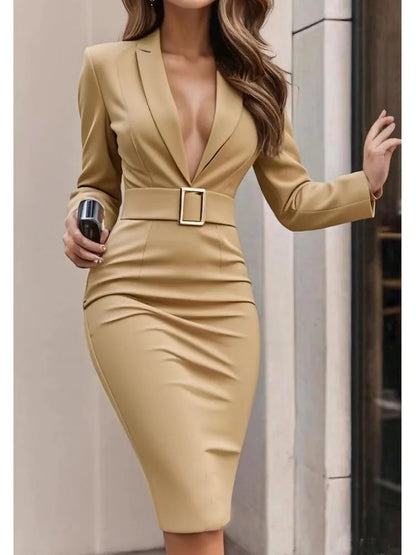 Elegant Deep V-Neck Suit Dress - Long Sleeve High Waist Office Dress with Sashes