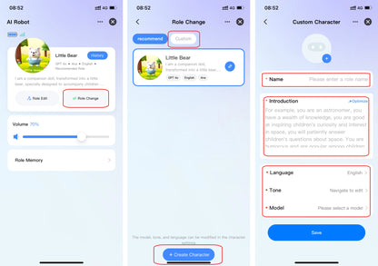 Interface for a plastic education robot featuring voice interaction, language settings, and character customization screens.