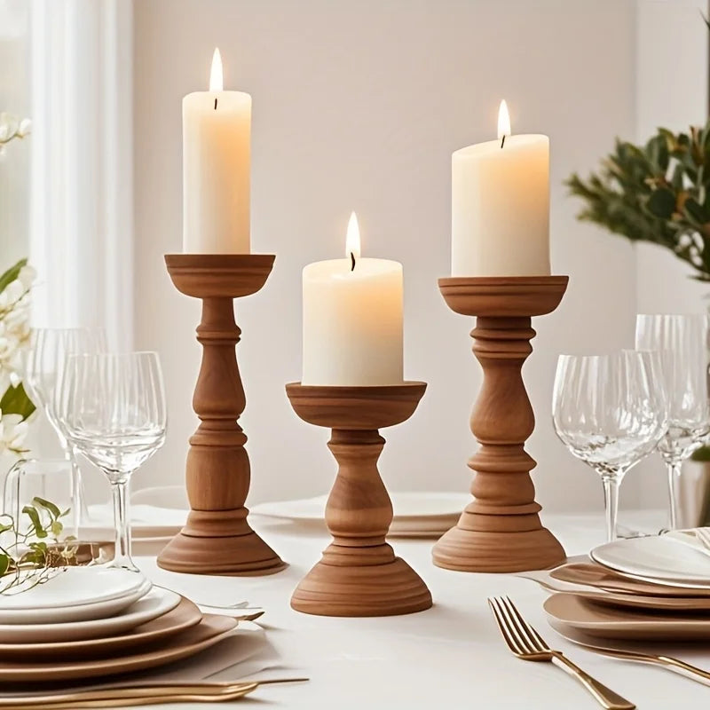 Home decor wooden pillar candle holders trio for table centerpiece