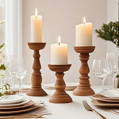 Home decor wooden pillar candle holders trio for table centerpiece
