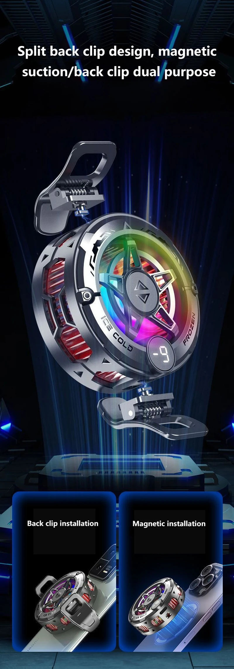 Silver circular magnetic back clip phone cooler with LED lights and digital display for mobile gaming temperature control.