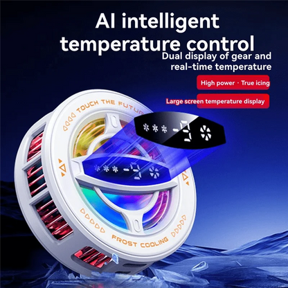 White magnetic phone cooling fan with RGB LED lighting and a digital display for mobile gaming and streaming.