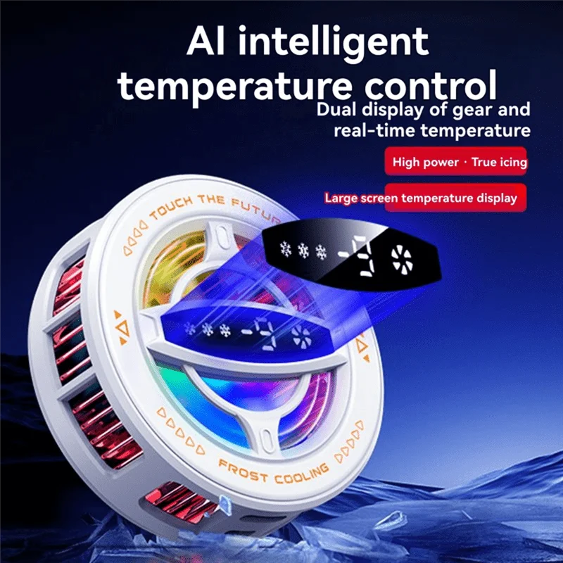 White magnetic phone cooling fan with RGB LED lighting and digital temperature display for mobile gaming.
