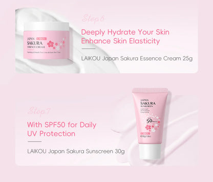 Korean Sakura Skincare Set Hydration Moisturize Cleanse Pores Sunscreen Protection Cosmetic Beauty