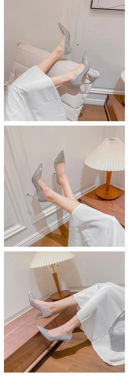 Silver glitter pointed-toe slim heels for weddings.