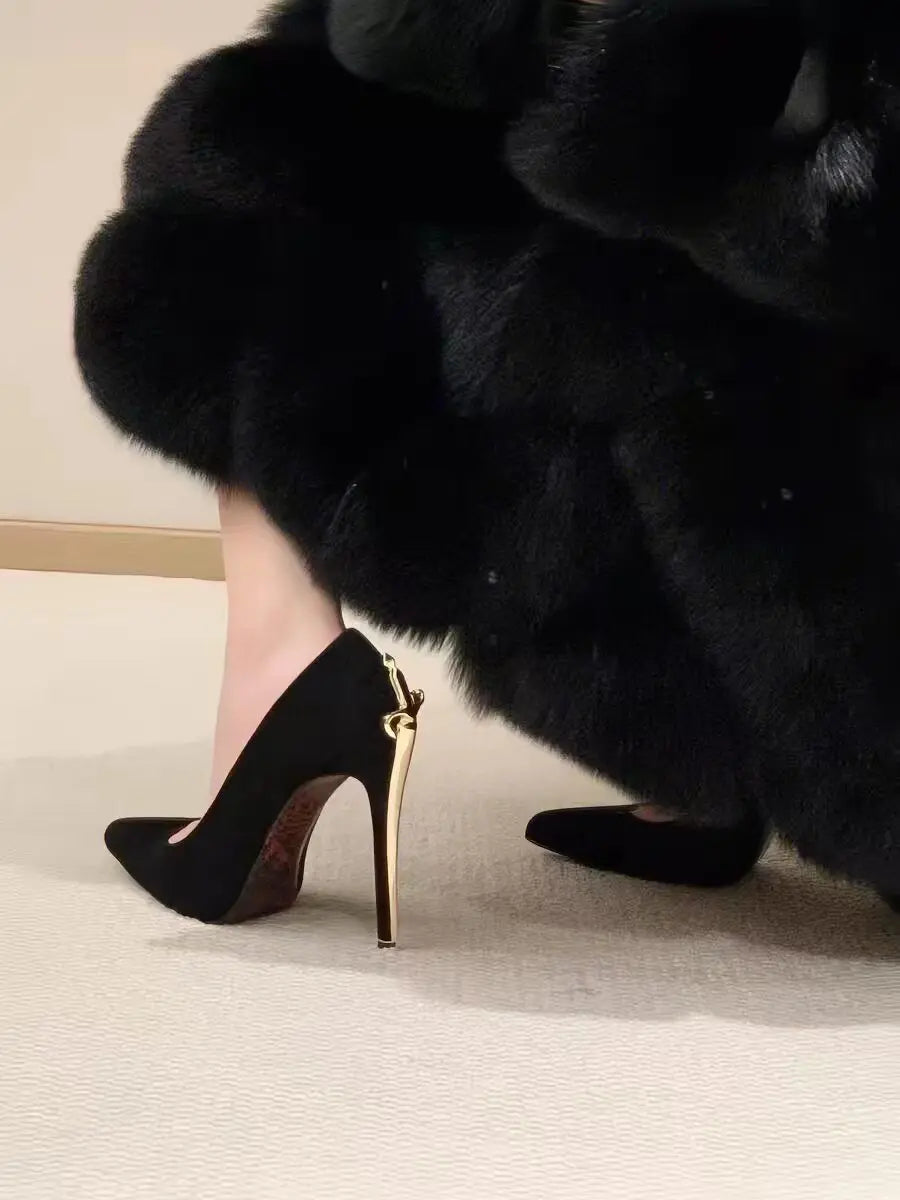Black matte PU pointed toe pumps with a gold fine heel, styled as comfortable stiletto shoes for formal events.