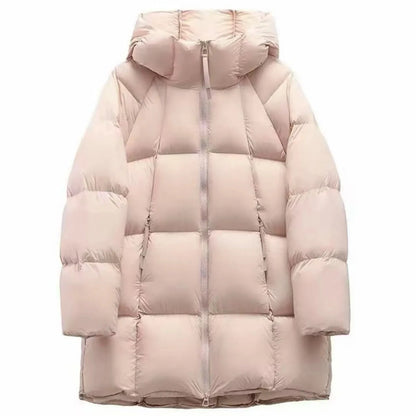 Women's long puffer hooded jacket with pockets