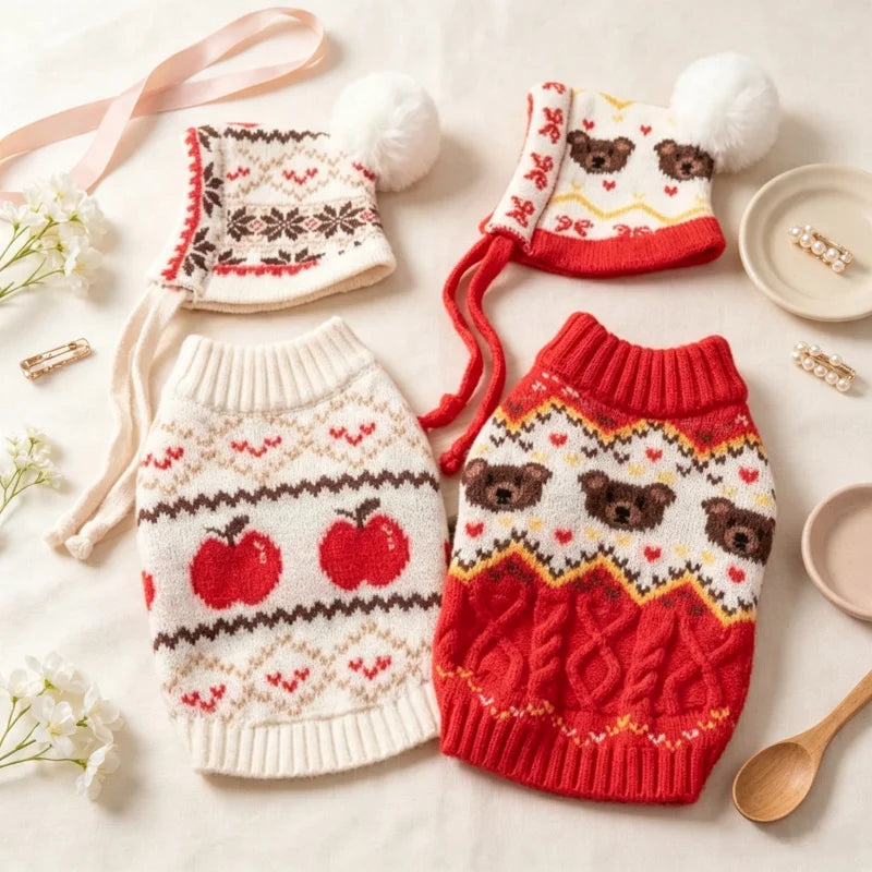 Retro-print dog sweater with optional matching hat set
