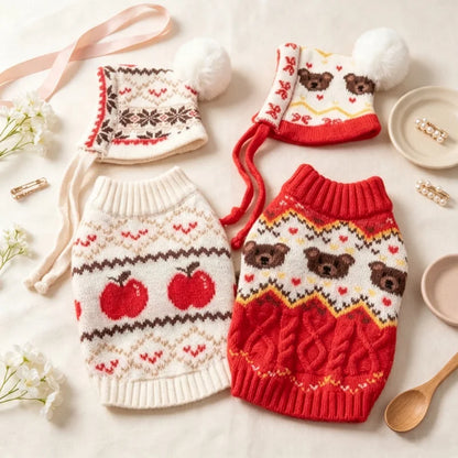 Retro-print dog sweater with optional matching hat set