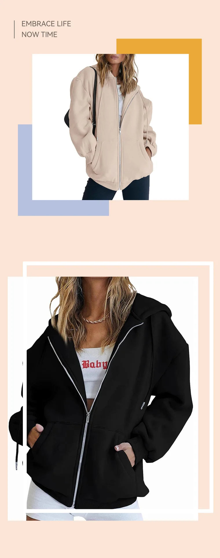 Women's Cotton Blend Hooded Sweatshirt With Zipper And Drawstring Pocket Long Sleeve