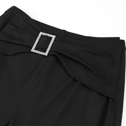 Sequined Pants with Belted Flared Design for Women Black Ankle Length Contouring Silhouette