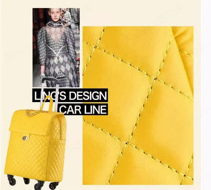 Yellow quilted PU leather retro rolling suitcase with a top handle, turn-lock closure, and wheels.
